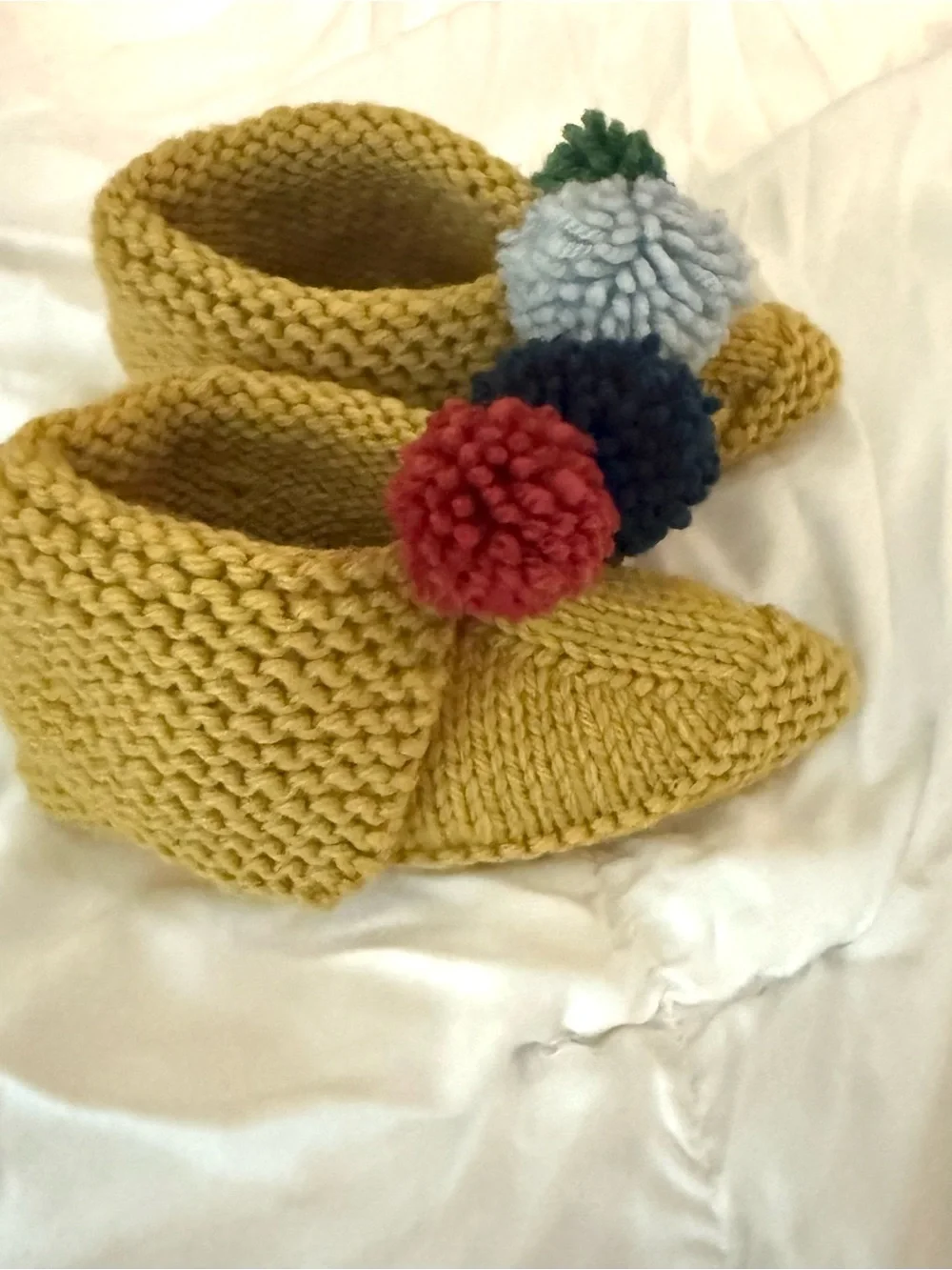 Handmade Kids 12-18 Months Yellow Knit Slippers with Pom-Poms